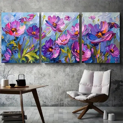 3pcs Vibrant Purple & Pink Impressionistic Garden Metal Print Ready to Hang Art