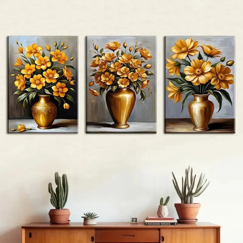 3pcs Vibrant Potted Floral Golden Vase Perfect Wall Art Set Canvas Framed 40x60cm - High Quality Print 100% Australian Made Wall Canvas Ready to Hang