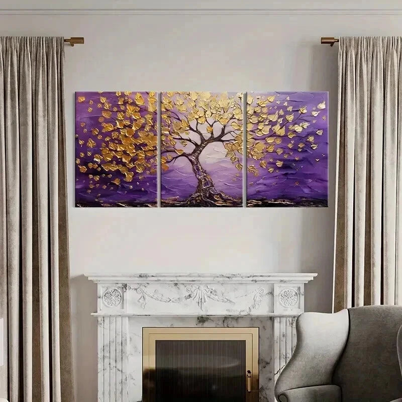 3pcs Abstract Golden Tree Purple Sky Wall Art Set Canvas Framed 50x70cm - High Quality Print 100% Australian Made Wall Canvas Ready to Hang