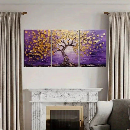 3pcs Abstract Golden Tree Purple Sky Wall Art Set Canvas Framed 50x70cm - High Quality Print 100% Australian Made Wall Canvas Ready to Hang