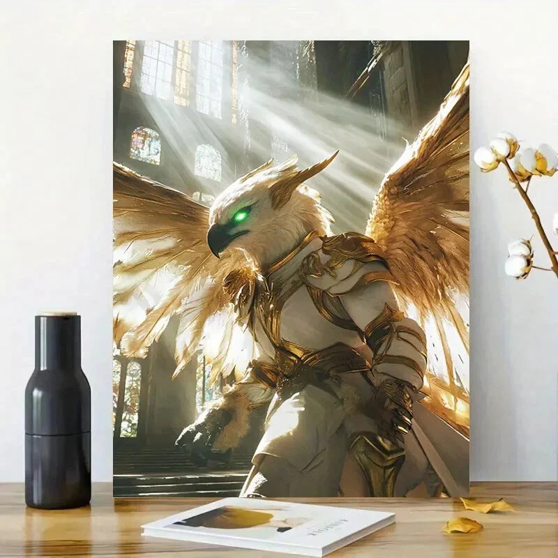 Majestic Golden Griffin with White Wings and Green Eye 40x60cm Metal Print Ready to Hang