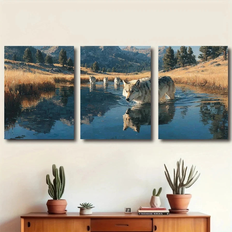 3pcs Wolf Leading The Pack Hidden Water Source Metal Print Ready to Hang Art