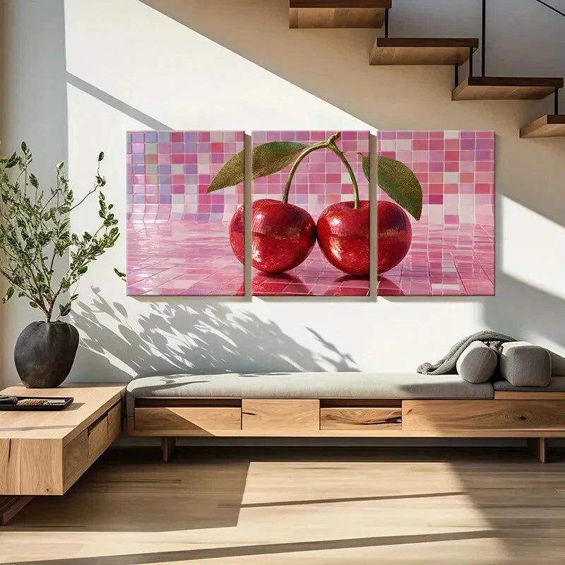 3pcs Artistic Cherry Mosaic Design Poster Metal Print Ready to Hang Art
