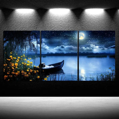 3pcs The Dog Sleeping on The Small Boat Metal Print Ready to Hang Art