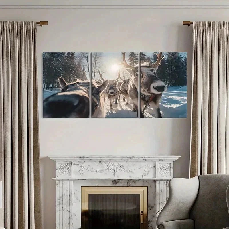 3pcs Sleigh Snow Scene Reindeer Animal Wall Art Set Canvas Framed 40x60cm - High Quality Print 100% Australian Made Wall Canvas Ready to Hang