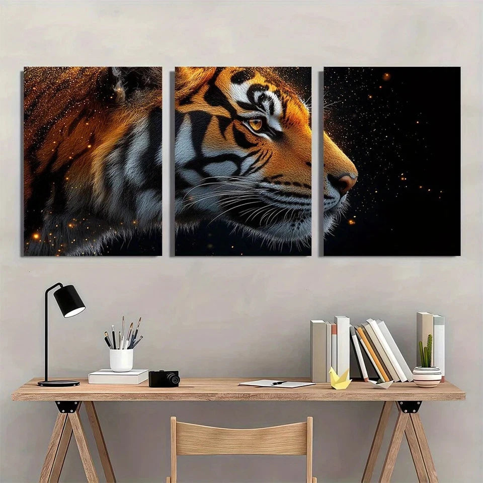 3pcs Vibrant Orange & Black Striped Design Tiger Metal Print Ready to Hang Art