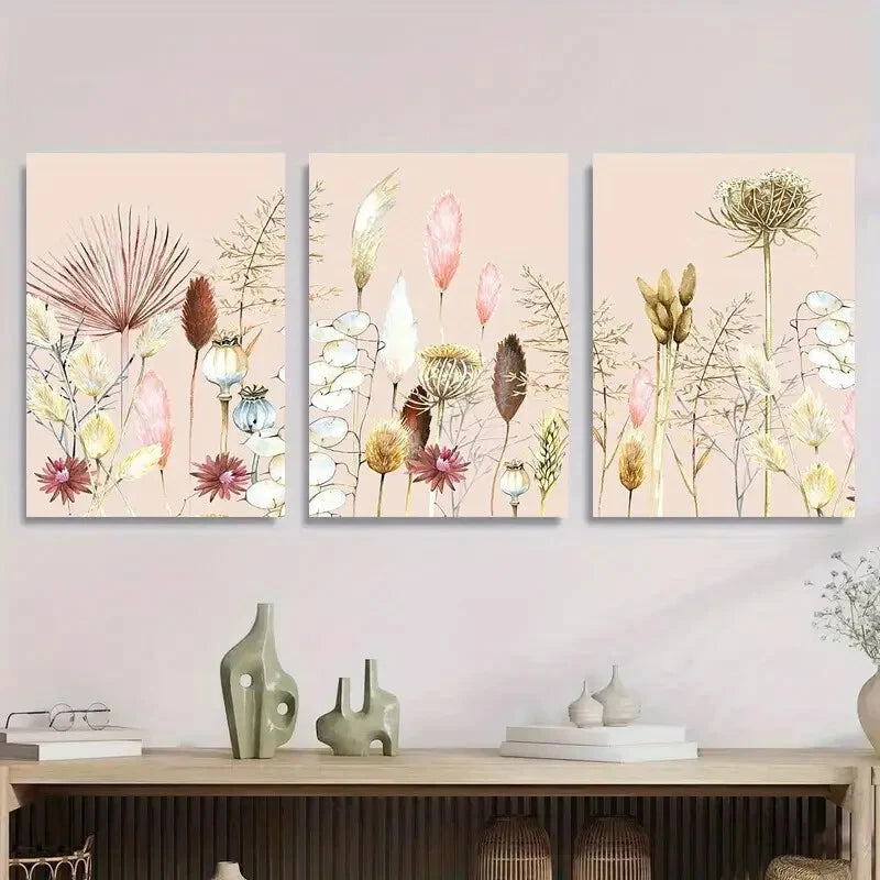 3pcs Soft Pink Floral Abstract Flower and Grass Metal Print Ready to Hang Art