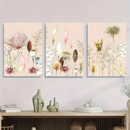 3pcs Soft Pink Floral Abstract Flower and Grass Metal Print Ready to Hang Art