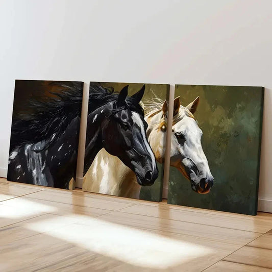 3pcs Black And White Horses Running Together   Wall Art Set Canvas Framed 60x90cm - High Quality Print 100% Australian Made Wall Canvas Ready to Hang