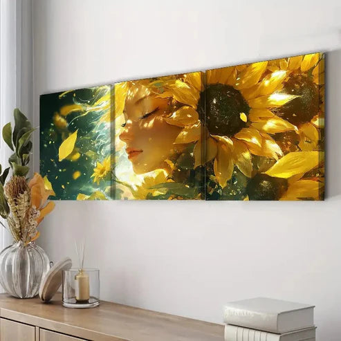 3pcs Sunflower Goddess Yellow Floral Perfect Wall Art Set Canvas Unframed - High Quality Print 100% Australian Made Wall Canvas