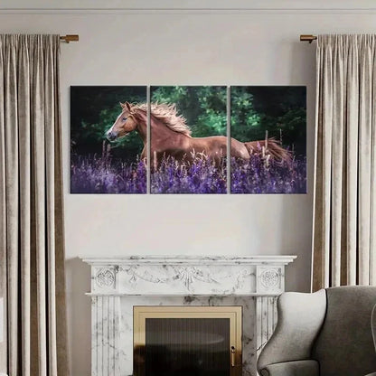 3pcs Horse in Lavender Bush Modern Wall Art Set Canvas Framed 40x60cm - High Quality Print 100% Australian Made Wall Canvas Ready to Hang