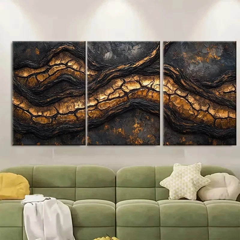 3pcs Black Brown Tree Bark, Deep Amber Golden Wall Art Set Canvas Framed 40x60cm - High Quality Print 100% Australian Made Wall Canvas Ready to Hang