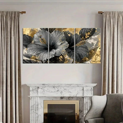 3pcs Elegant Golden Floral Art, Abstract Design Wall Art Set Canvas Framed 60x90cm - High Quality Print 100% Australian Made Wall Canvas Ready to Hang