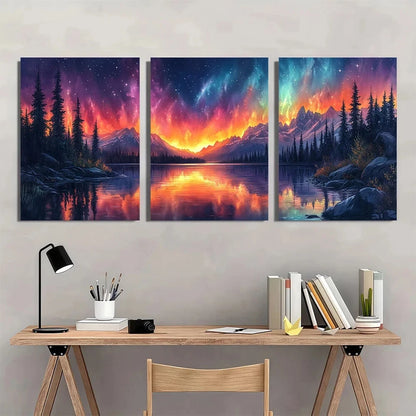 3pcs Vibrant Lights & Mountain Lake Scenery Metal Print Ready to Hang Art