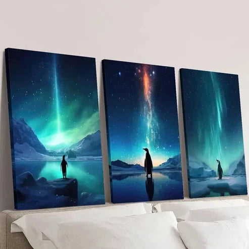 3pcs Penguins Under the Northern Lights Wall Art Canvas Unframed - High Quality Print 100% Australian Made Wall Canvas