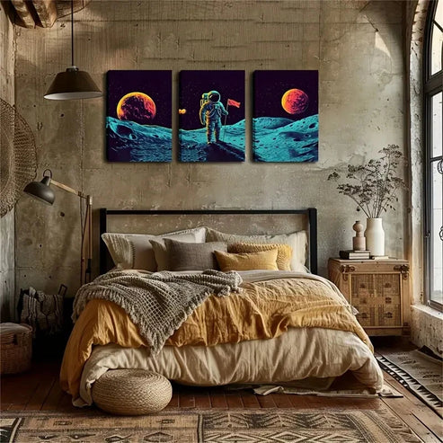 3pcs Astronaut Landing on Moon Triptych Wall Art Set Canvas Unframed - High Quality Print 100% Australian Made Wall Canvas