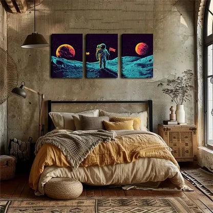 3pcs Astronaut Landing on Moon Triptych Wall Art Set Canvas Unframed - High Quality Print 100% Australian Made Wall Canvas
