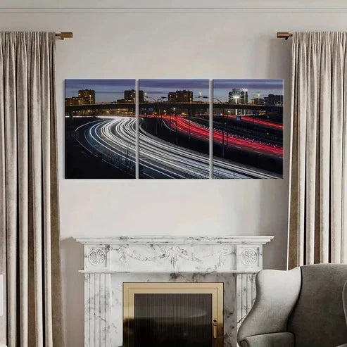 3pcs City Road Night Scene Traffic Flow Wall Art Canvas Unframed - High Quality Print 100% Australian Made Wall Canvas