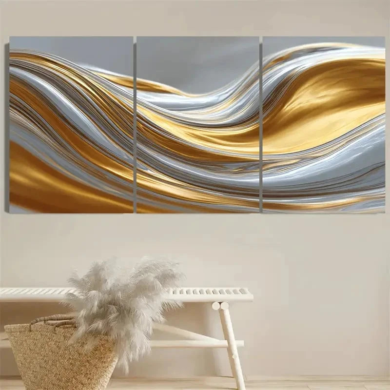 3pcs Elegant Golden Silvery Wave Fluid Accent Wall Art Set Canvas Framed 40x60cm - High Quality Print 100% Australian Made Wall Canvas Ready to Hang