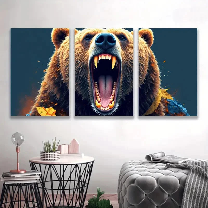 3pcs Grizzly Bear's Mouth Painting Wall Art Set Canvas Framed 40x60cm - High Quality Print 100% Australian Made Wall Canvas Ready to Hang