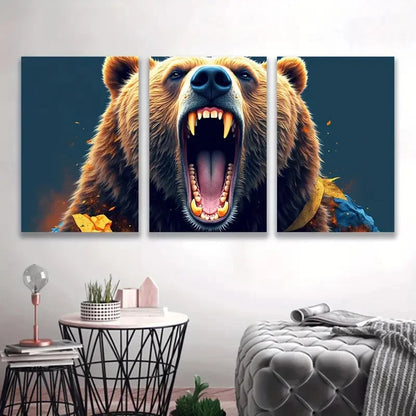 3pcs Grizzly Bear's Mouth Painting Wall Art Set Canvas Framed 40x60cm - High Quality Print 100% Australian Made Wall Canvas Ready to Hang