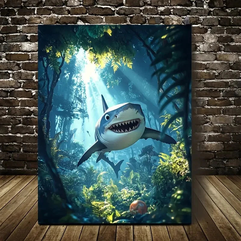 Cartoon Style Scene Of Shark Playing with a Ball 40x60cm Metal Print Ready to Hang