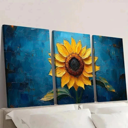 3pcs Van Gogh Sunflower with Blue Background Wall Art Set Canvas Framed 40x60cm - High Quality Print 100% Australian Made Wall Canvas Ready to Hang
