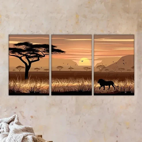 3pcs sunset with lion in the forest Wall Art Set Canvas Unframed - High Quality Print 100% Australian Made Wall Canvas - Bella Home Decor