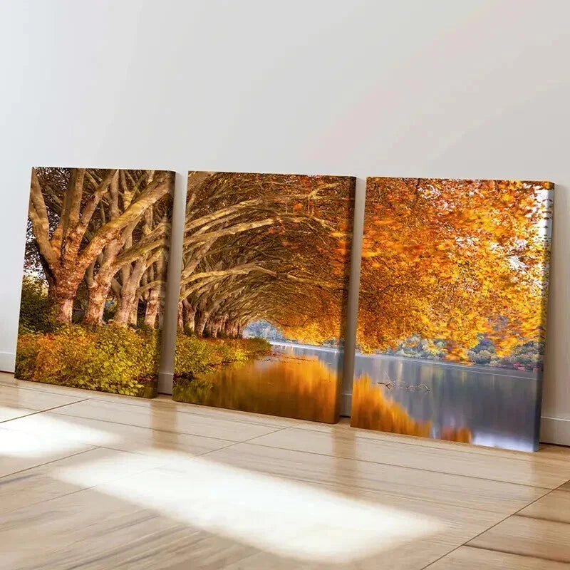 3pcs Featuring a Golden Tree by The Lakeside Wall Art Set Canvas Framed 40x60cm - High Quality Print 100% Australian Made Wall Canvas Ready to Hang