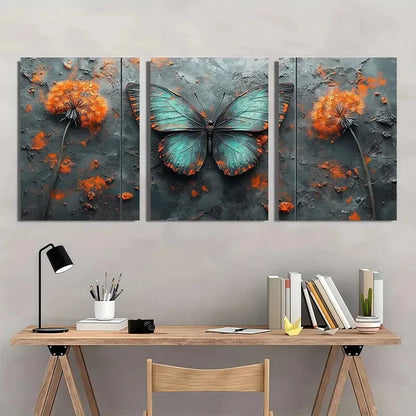 3pcs Teal Dandelion Butterfly Modern Abstract Metal Print Ready to Hang Art