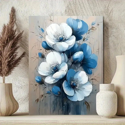 White & Blue Floral Botanical Painting 40x60cm Metal Print Ready to Hang