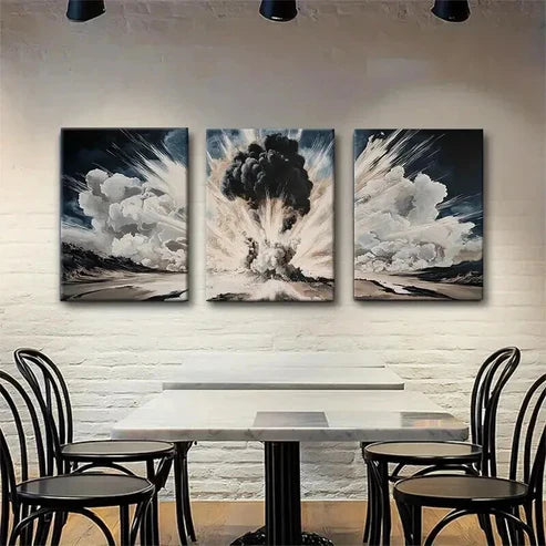 3pcs Dramatic Smoke Blast Black & White Perfect Wall Art Canvas Unframed - High Quality Print 100% Australian Made Wall Canvas