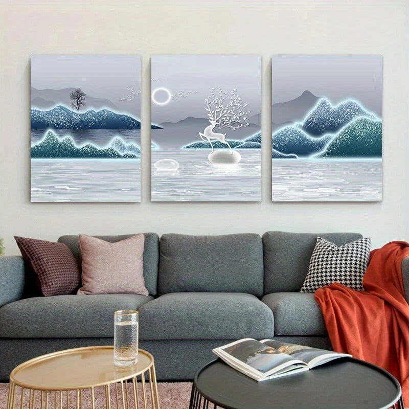 3pcs Deer and Moon Landscape Blue & White Metal Print Ready to Hang Art
