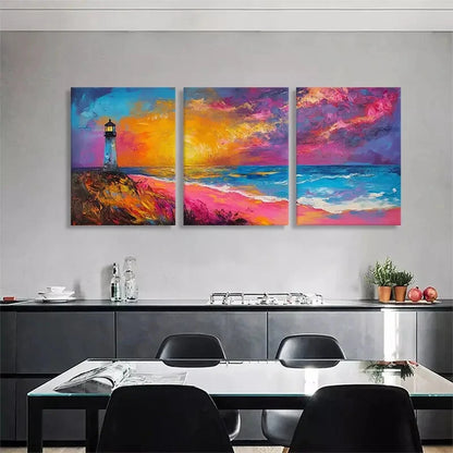 3pcs Vibrant Lighthouse and Ocean Sunset Perfect Wall Art Set Canvas Framed 40x60cm - High Quality Print 100% Australian Made Wall Canvas Ready to Hang