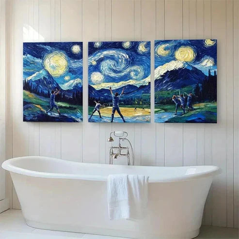 3pcs Baseball Starry Gogh Style Night Perfect Wall Art Canvas Unframed – High Quality Print 100% Australian Made Wall Canvas