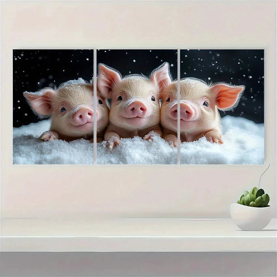3pcs Cute Little Pigs in Snowy Winter Scene Metal Print Ready to Hang Art