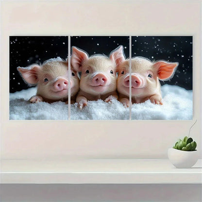 3pcs Cute Little Pigs in Snowy Winter Scene Metal Print Ready to Hang Art