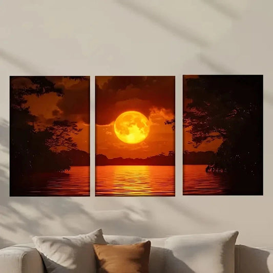 3pcs Abstract Moon Above a Lake Wall Art Set Canvas Framed 60x90cm - High Quality Print 100% Australian Made Wall Canvas Ready to Hang