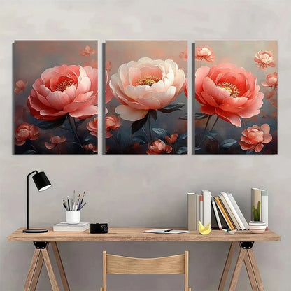 3pcs Modern Bloom Peony and Rose Elegant Floral Metal Print Ready to Hang Art
