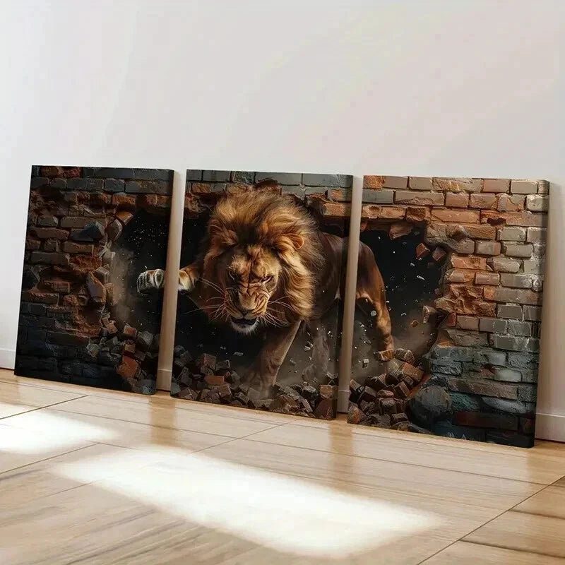 3pcs Majestic Lion Destroying Bricks Wall Art Set Canvas Framed 40x60cm - High Quality Print 100% Australian Made Wall Canvas Ready to Hang