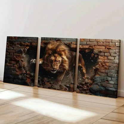 3pcs Majestic Lion Destroying Bricks Wall Art Set Canvas Framed 40x60cm - High Quality Print 100% Australian Made Wall Canvas Ready to Hang