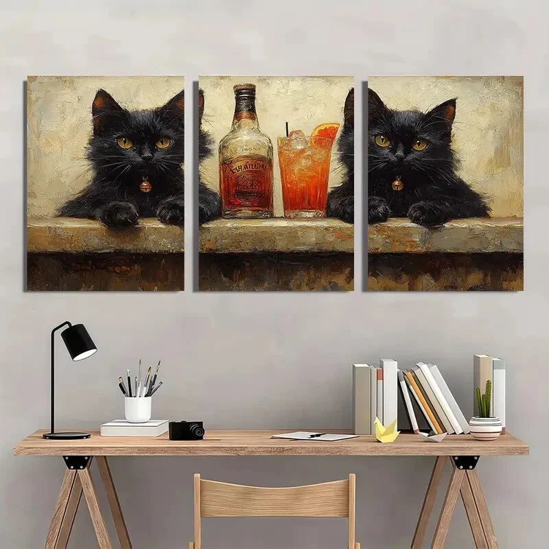 3pcs Vintage Black Cats Cocktail Metal Print Ready to Hang Art
