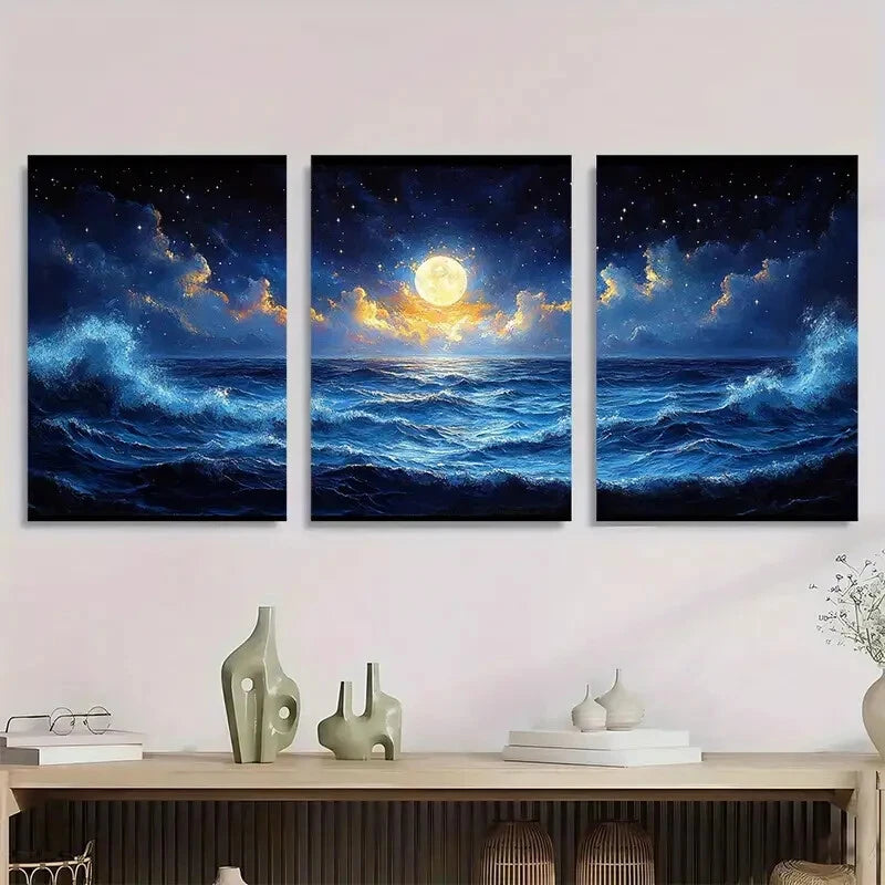 3pcs Deep Blue Sea Waves with Full Moon & Stars Metal Print Ready to Hang Art