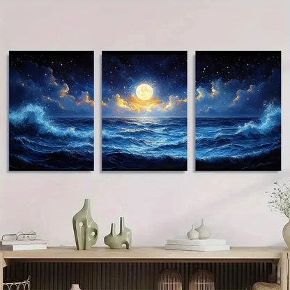 3pcs Deep Blue Sea Waves with Full Moon & Stars Metal Print Ready to Hang Art