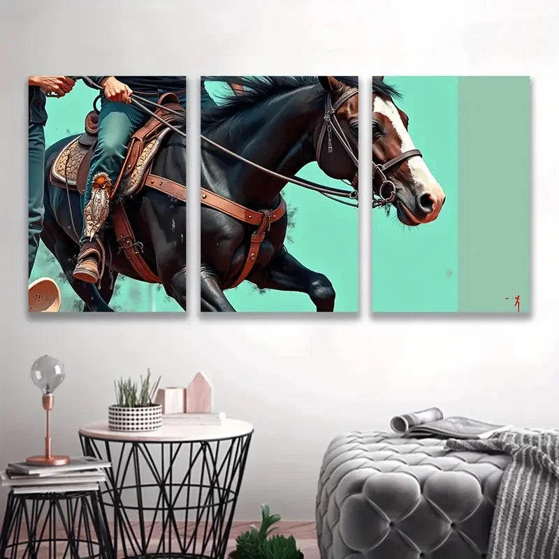 3pcs Western Cowboy on Horseback ART Wall Art Set Canvas Framed 50x70cm - High Quality Print 100% Australian Made Wall Canvas Ready to Hang