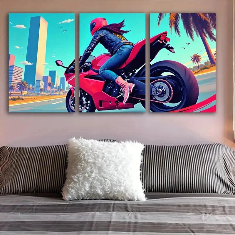 3pcs Motorcycle Cityscape Wall Art Set Canvas Framed 50x70cm - High Quality Print 100% Australian Made Wall Canvas Ready to Hang