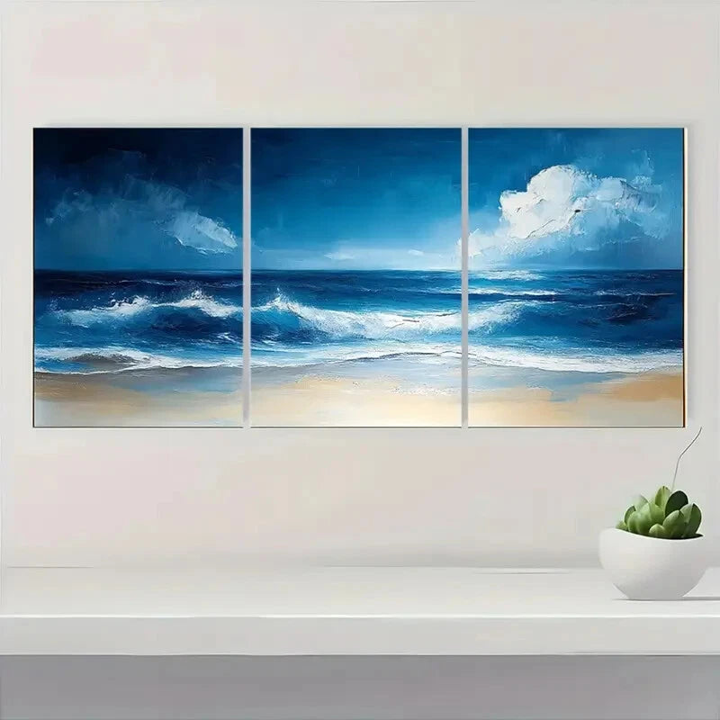 3pcs Blue Ocean Waves with Sandy Shoreline Metal Print Ready to Hang Art