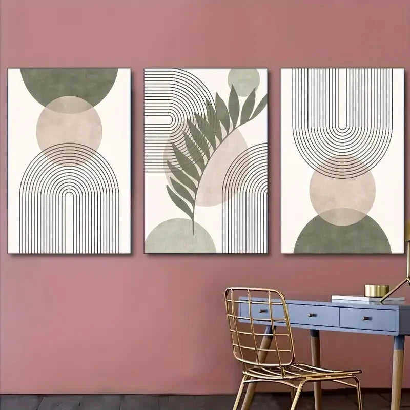 3pcs Abstract Art Geometric and Leaf Metal Print Ready to Hang Art