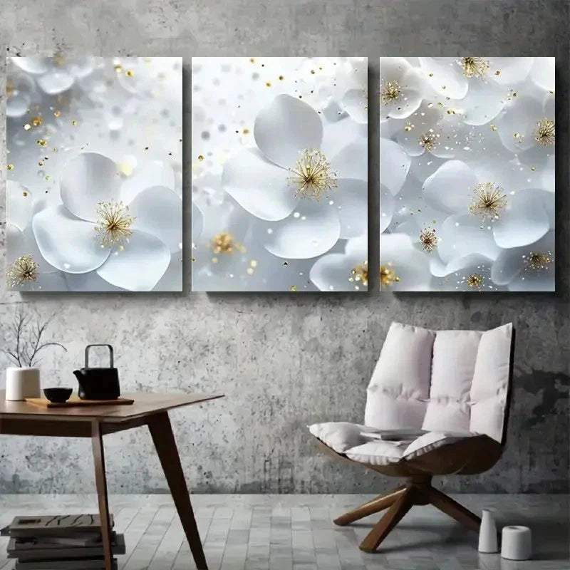 3pcs Elegant Flower Design with Sparkles Metal Print Ready to Hang Art