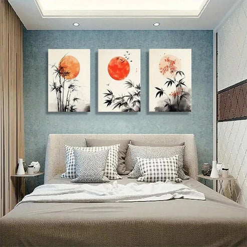 3pcs Bamboo and Red Sun Minimalist Perfect Wall Art Set Canvas Unframed - High Quality Print 100% Australian Made Wall Canvas